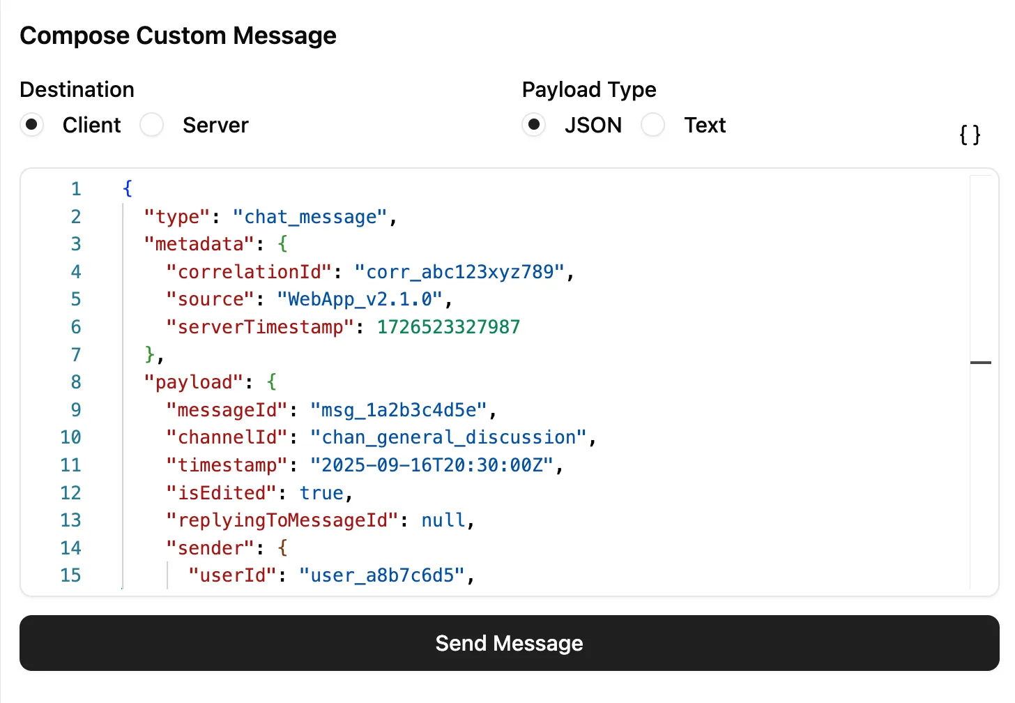Socket Inspector’s text editor inside DevTools showing JSON editing with a built‑in formatter