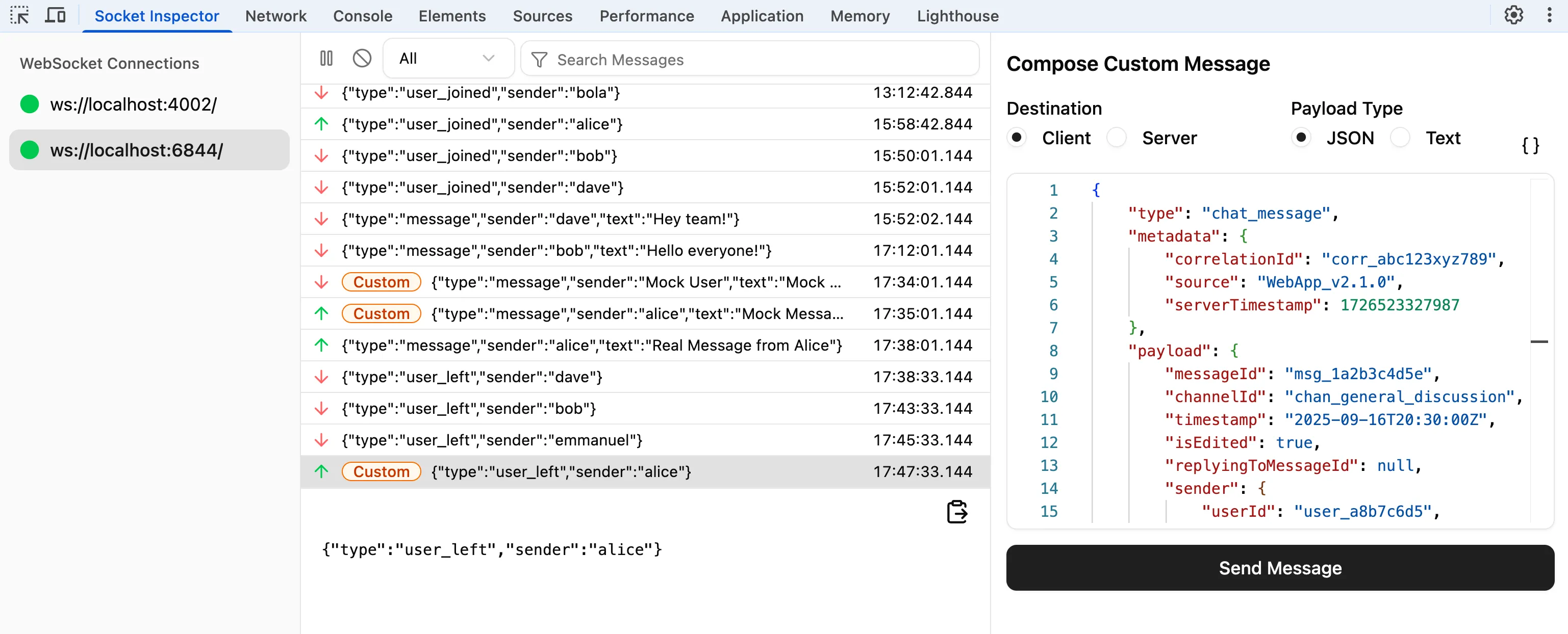 Screenshot of Socket Inspector viewing and creating WebSocket messages in the browser DevTools