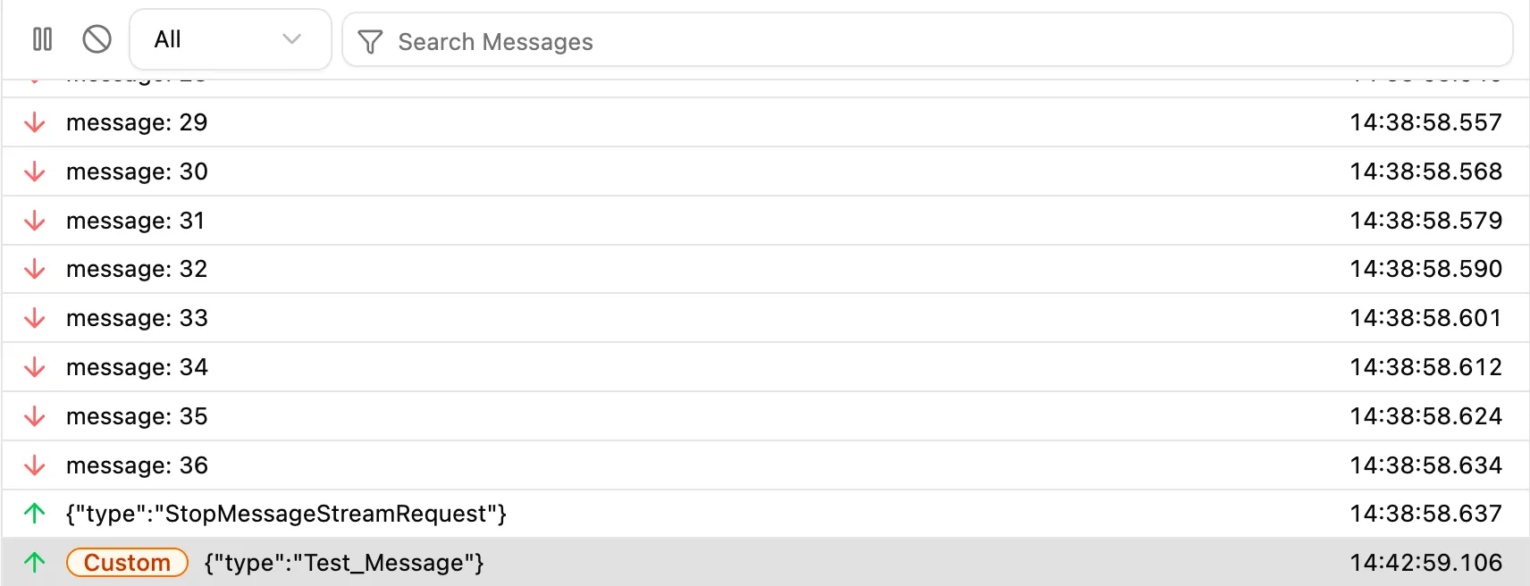 Message table with row containing user input JSON